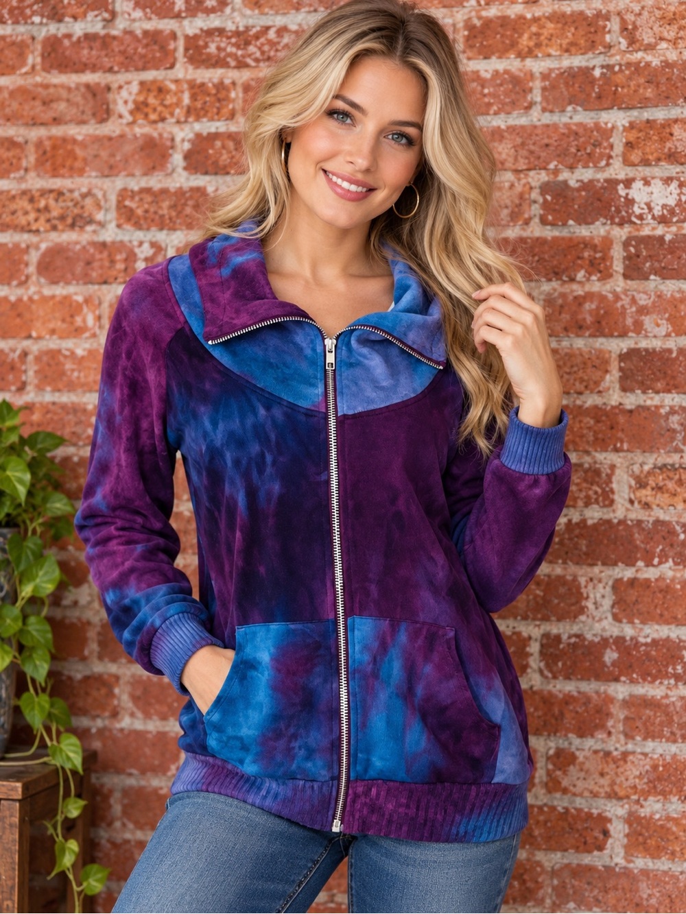 Etc. Blue and Purple Tie-Dye Zip-Up Hooded Cardigan Sweater
